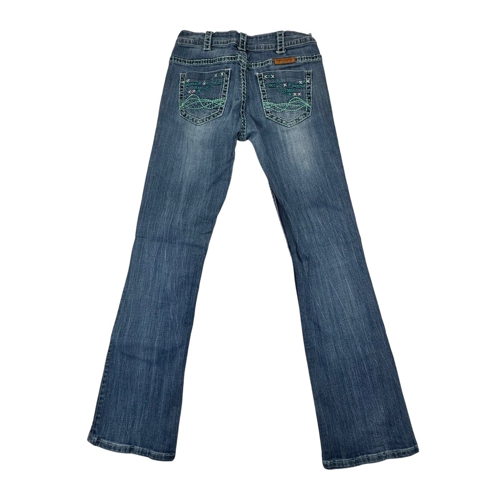 Cowgirl Tuff Co JLASSO Bootcut Jeans Medium Wash Turquoise Stitching 28x33